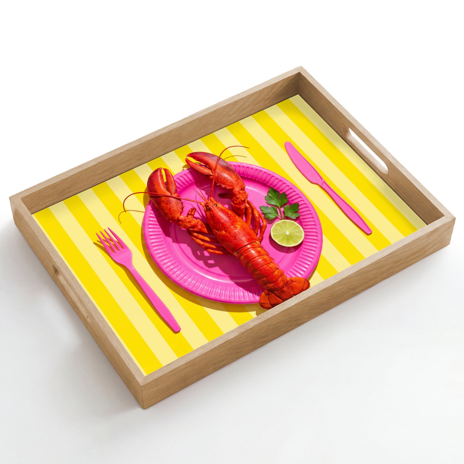 Dienblad hout 50x35 cm - Schootdienblad - Eten - Roze - Geel - Modern - Culinaire - Borrelplank rechthoek - Plateau dienbladen