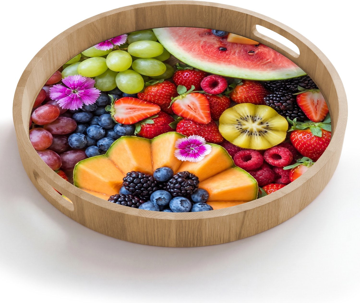 Dienblad rond 50x50 cm - Schootdienblad hout - Fruit - Vers - Variatie - Eten - Kleurrijk - Borrelplank rechthoek - Plateau houten dienbladen