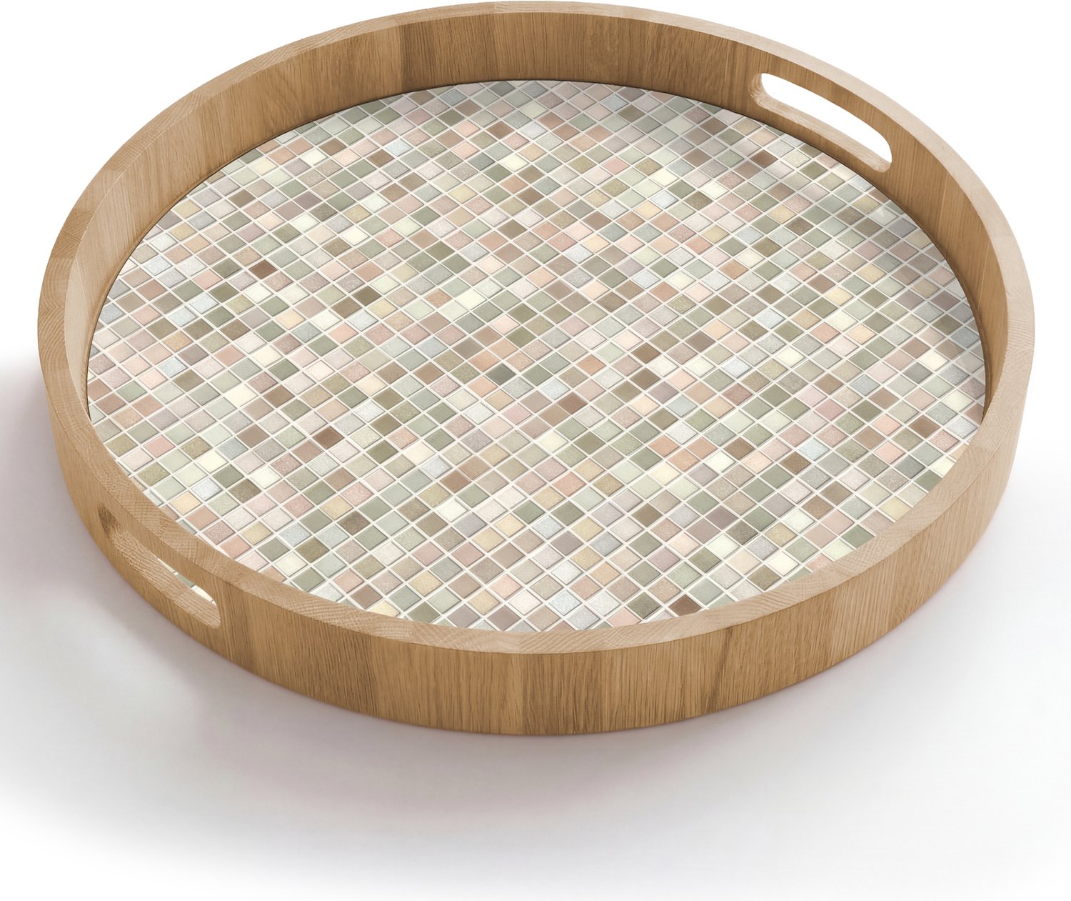 Dienblad rond 50x50 cm - Schootdienblad hout - Mozaïek - Patroon- Taupe - Borrelplank rechthoek - Plateau houten dienbladen