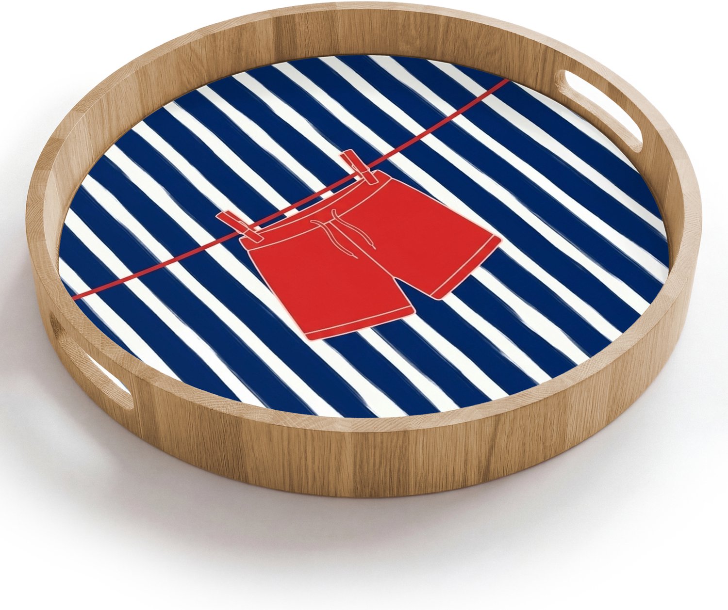 Dienblad rond 40x40 cm - Schootdienblad hout - Shorts - Waslijn - Zomer - Illustratie - Rood - Borrelplank rechthoek - Plateau houten dienbladen