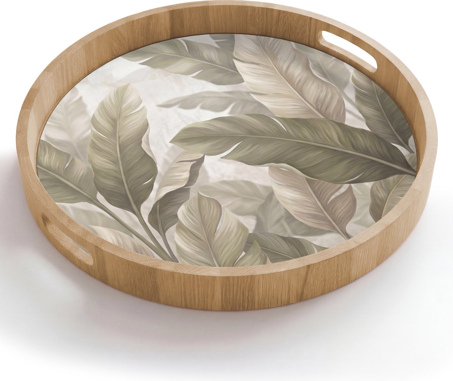 Dienblad rond 50x50 cm - Schootdienblad hout - Bladeren - Tropisch - Natuur - Abstract - Beige - Borrelplank rechthoek - Plateau houten dienbladen