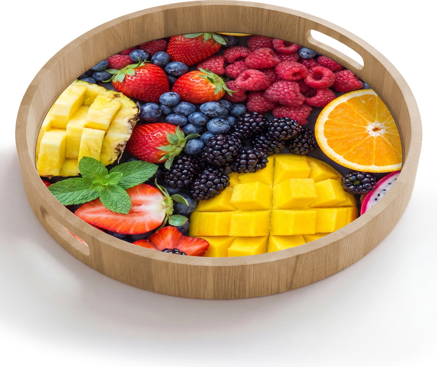 Dienblad rond 50x50 cm - Schootdienblad hout - Fruit - Vers - Kleurrijk - Eten - Borrelplank rechthoek - Plateau houten dienbladen