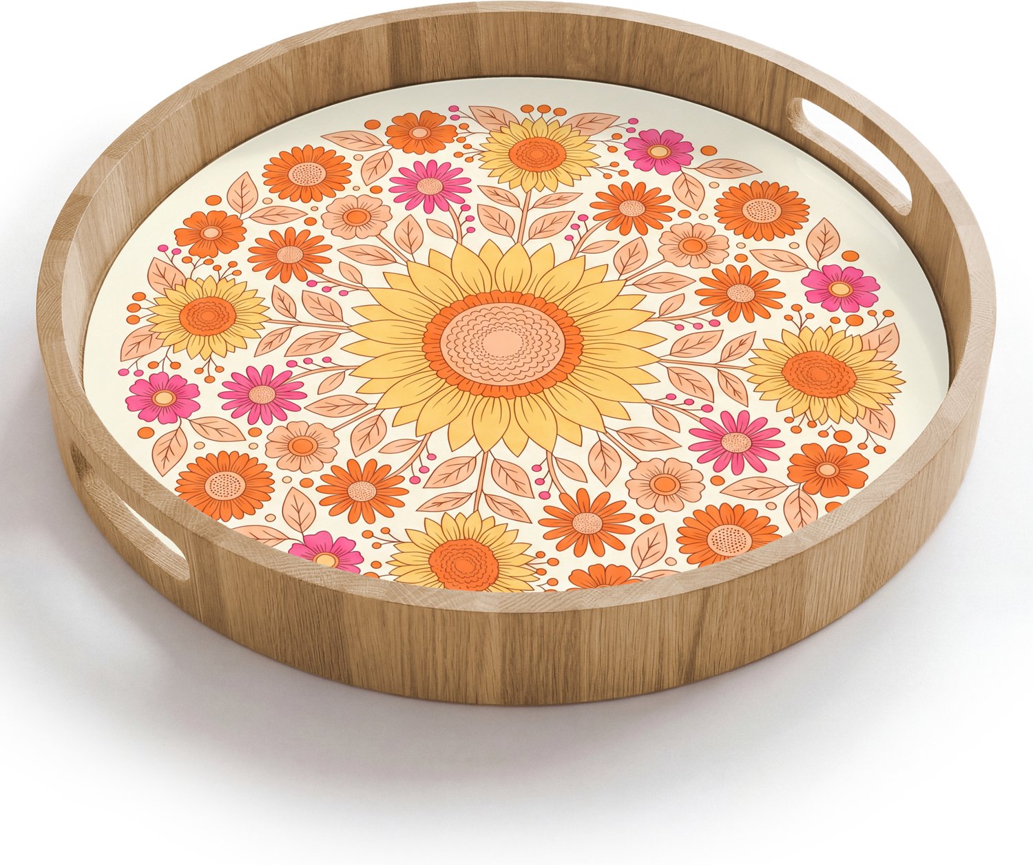 Dienblad rond 40x40 cm - Schootdienblad hout - Bloemen - Mandala - Patroon - Kleurrijk - Borrelplank rechthoek - Plateau houten dienbladen