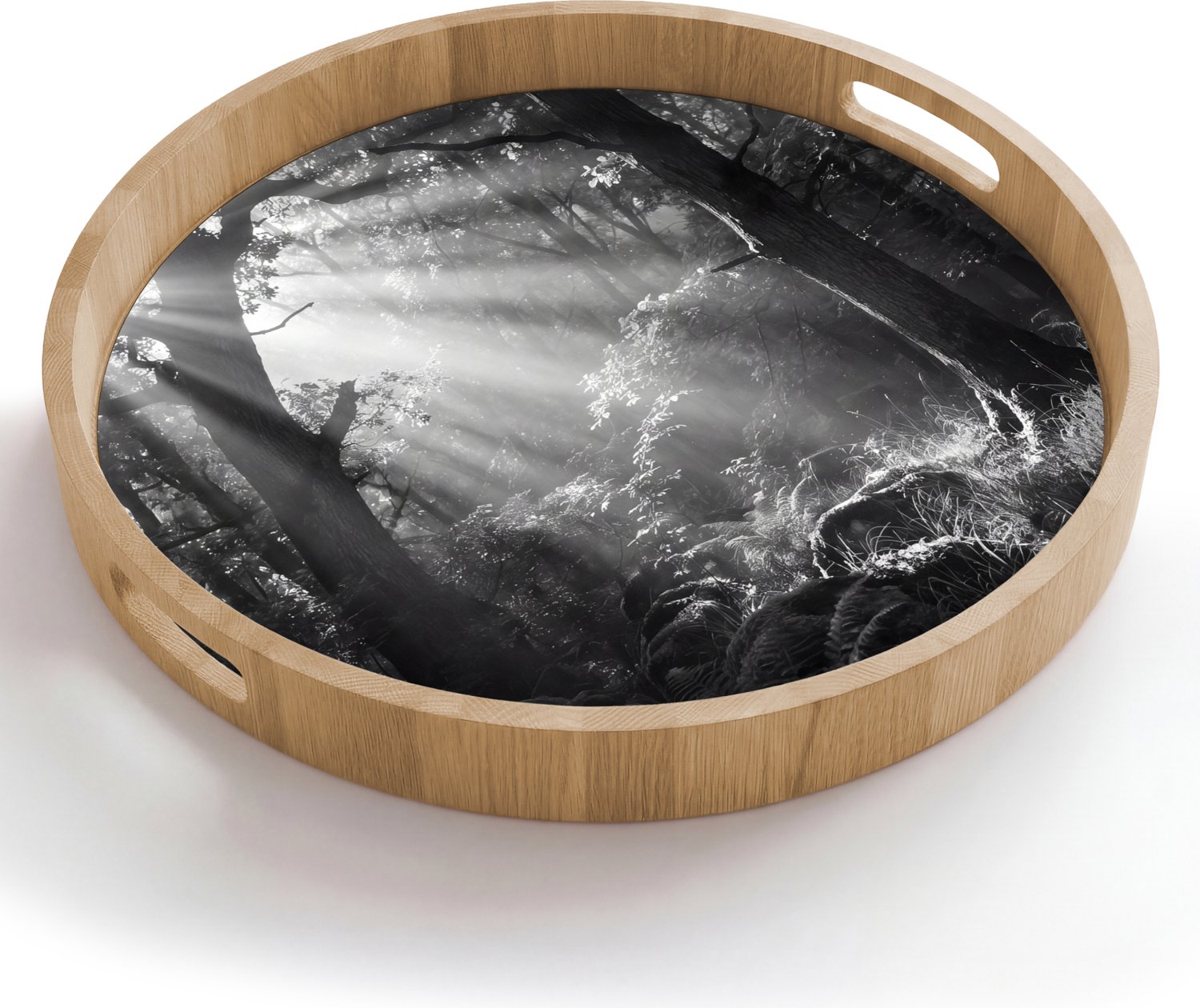 Dienblad rond 50x50 cm - Schootdienblad hout - Bos - Lichtstralen - Natuur - Zwart-wit - Borrelplank rechthoek - Plateau houten dienbladen
