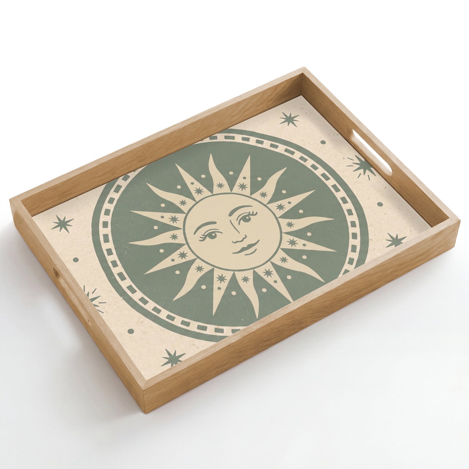 Dienblad hout 50x35 cm - Schootdienblad - Zon - Sterren - Astrologie - Vintage - Groen - Borrelplank rechthoek - Plateau dienbladen