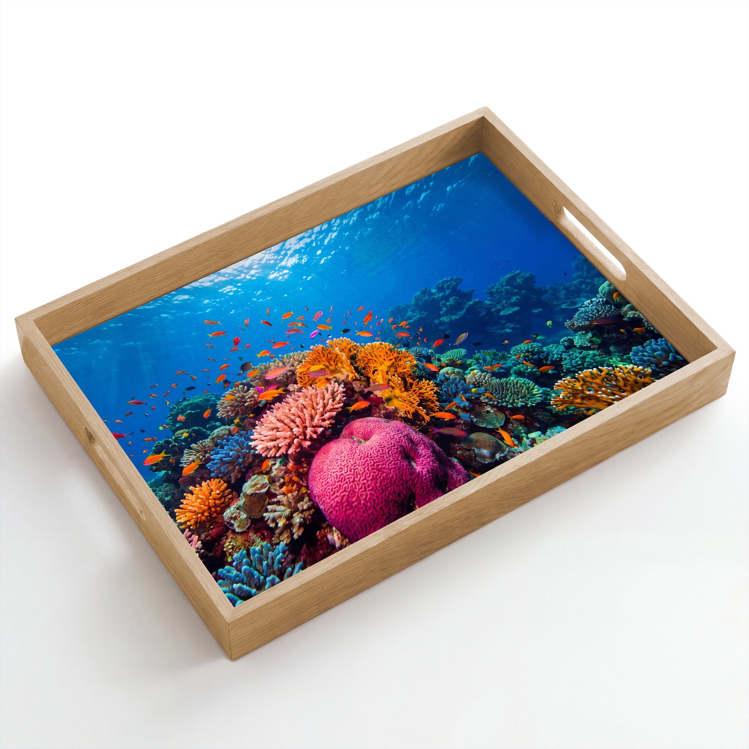 Dienblad hout 50x35 cm - Schootdienblad - Koraal - Vissen - Oceaan - Natuur - Kleurrijk - Borrelplank rechthoek - Plateau dienbladen