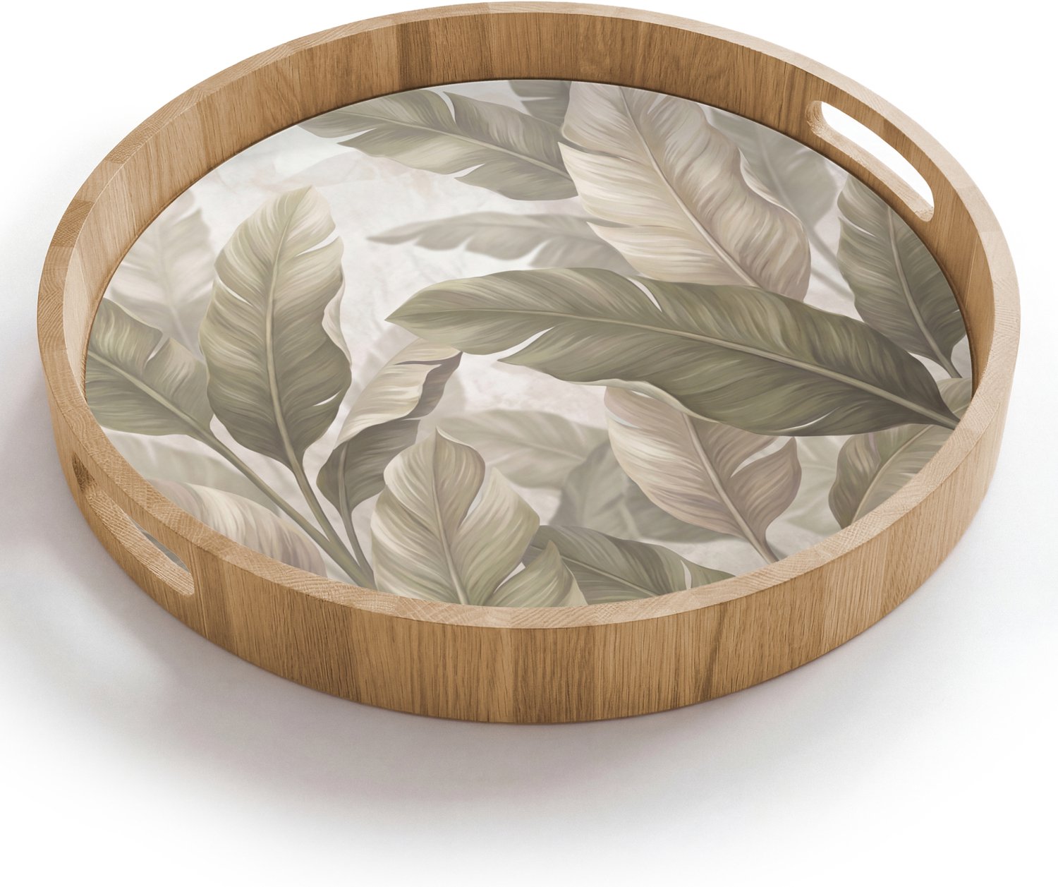 Dienblad rond 40x40 cm - Schootdienblad hout - Bladeren - Tropisch - Natuur - Abstract - Beige - Borrelplank rechthoek - Plateau houten dienbladen