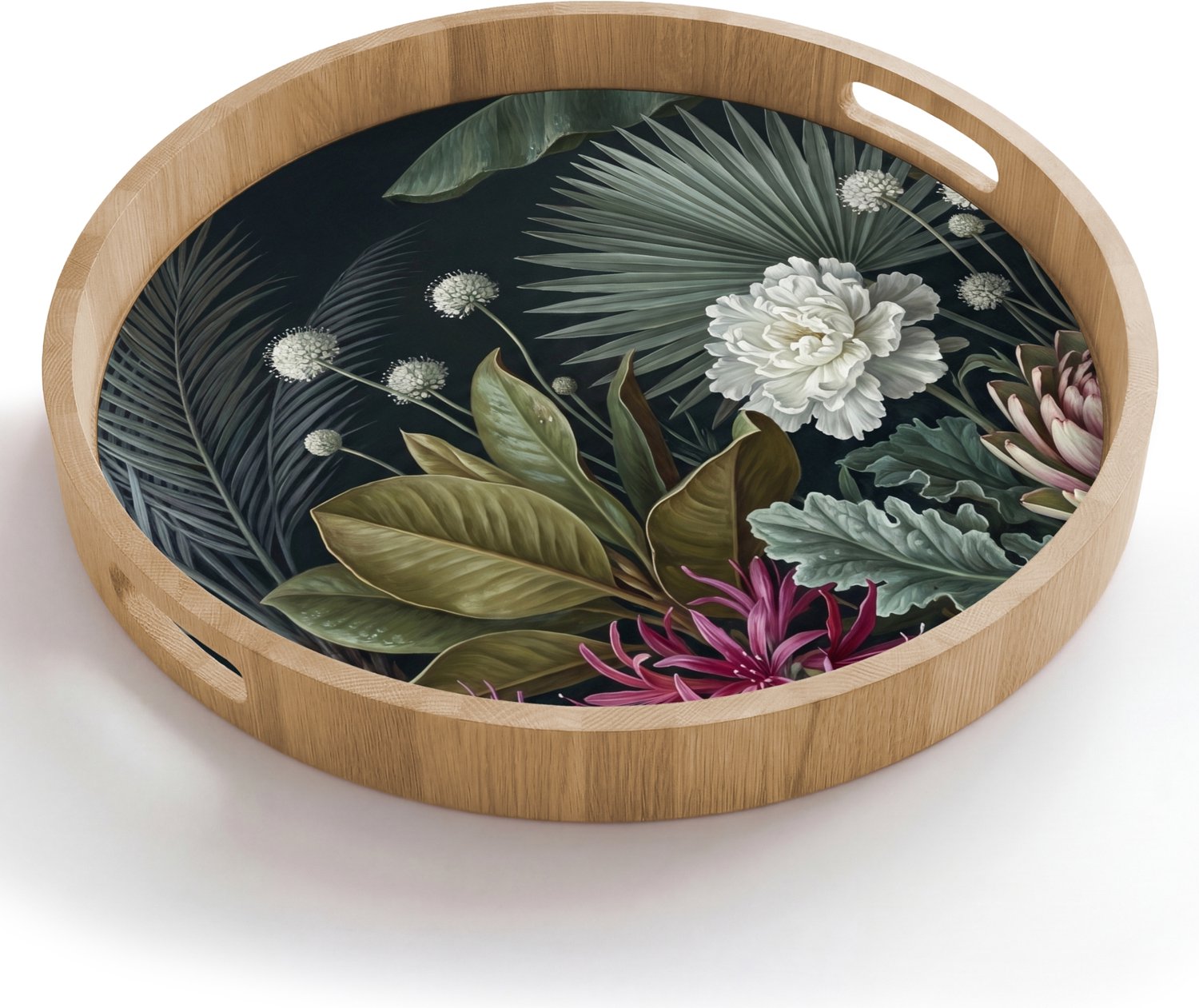 Dienblad rond 50x50 cm - Schootdienblad hout - Planten - Tropisch - Botanisch - Donker - Groen - Borrelplank rechthoek - Plateau houten dienbladen