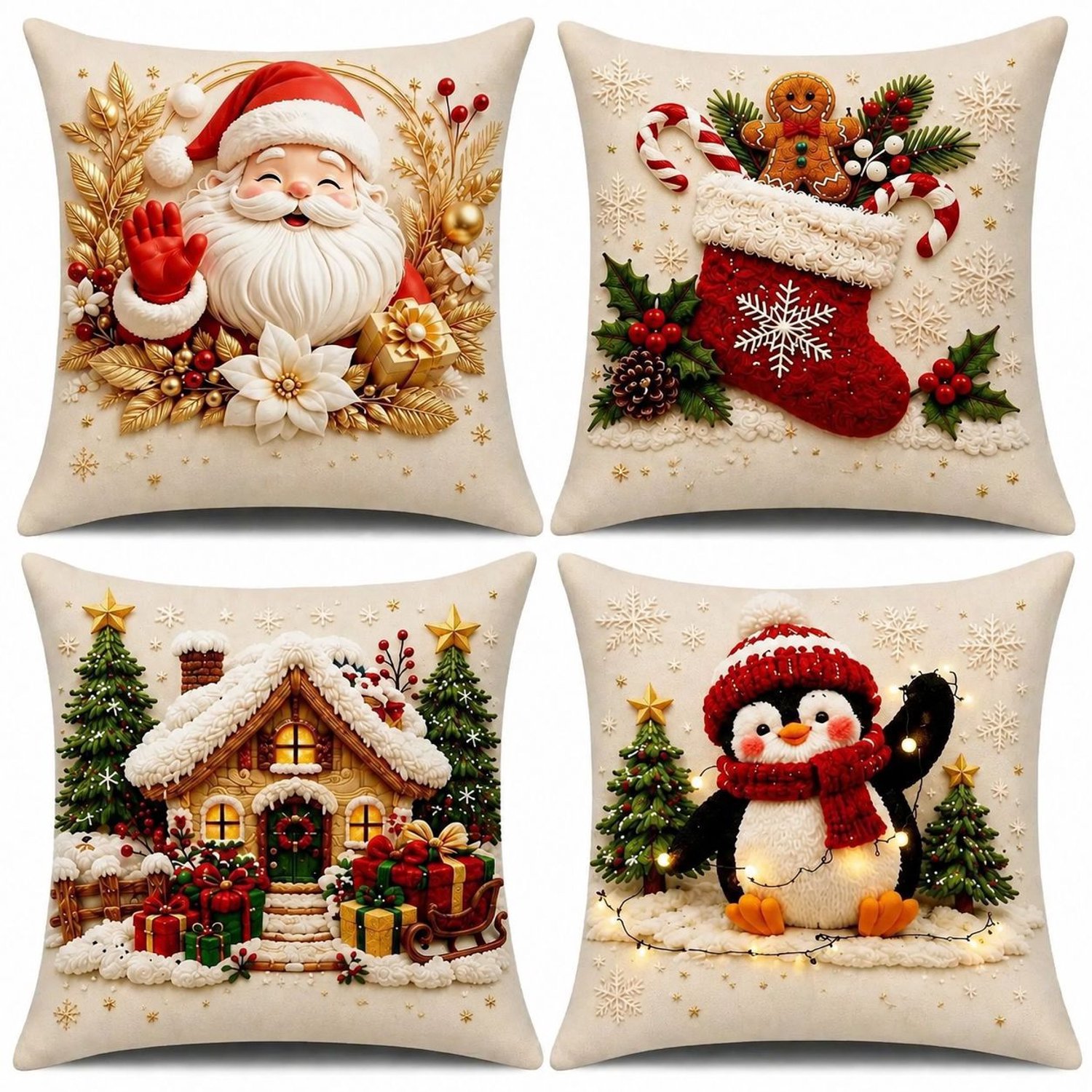 YAGXIG Kerstkussenslopen - Bankkussenhoezen - 45,72 x 45,72 cm - Decoratieve kussens - Winterse kerstdecoratie - Bankhoezen in landelijke stijl - 4-delige set wit