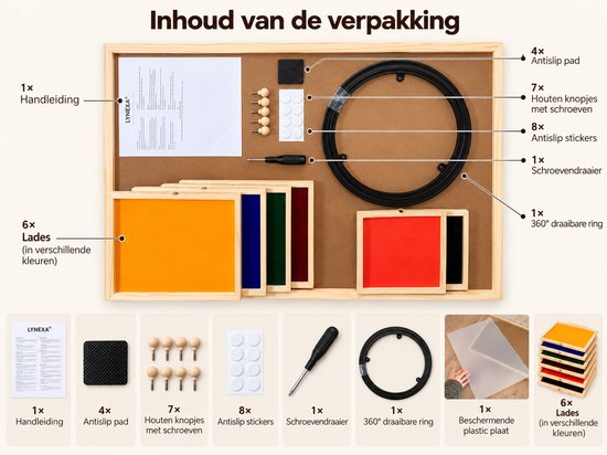 Overzicht van de inhoud: puzzelbord, 6 lades, 360° ring, schroevendraaier, knoppen en handleiding.
