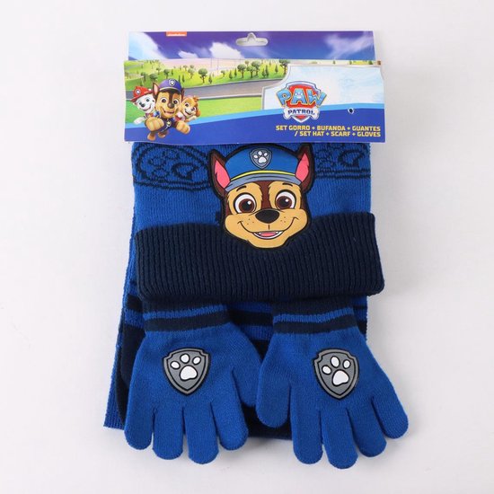 Verpakte 3-delige Paw Patrol winterset met muts, sjaal en handschoenen.
