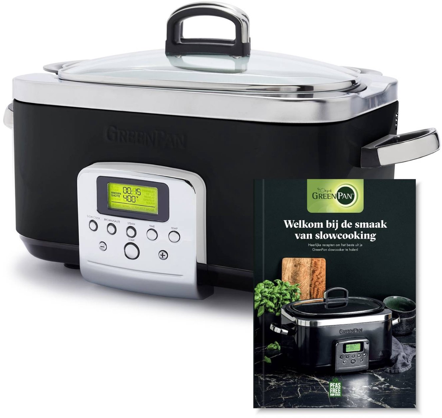 GreenPan Elite Slowcooker 6L - PFAS-vrije antikleeflaag - Leddisplay met kookprogramma's - Koudgreep - Vermogen: 1350 Watt - RVS Deksel - Met Receptenboek - Zwart