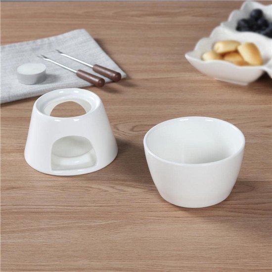 Fondueset Keramiek voor Kaas en Chocolade - Inclusief 4 RVS Vorken Theelicht Demontabele Basis - Perfect voor Gezellige Avonden Camping Picknick - Wit — afbeelding 4