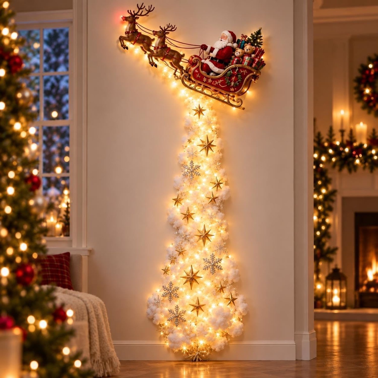 Kerst Magic Trail wandlamp, kerstman slee rendier hangende decoratie met warm witte led, 3D ster en sneeuwvlok, indoor vakantie decoratie voor woonkamer, feestelijk kerstcadeau 60cm