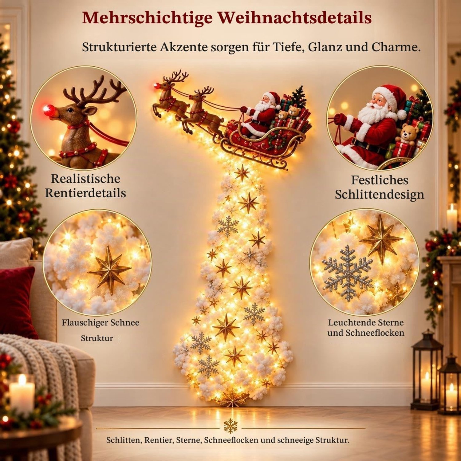 Kerst Magic Trail wandlamp, kerstman slee rendier hangende decoratie met warm witte led, 3D ster en sneeuwvlok, indoor vakantie decoratie voor woonkamer, feestelijk kerstcadeau 60cm – foto 2