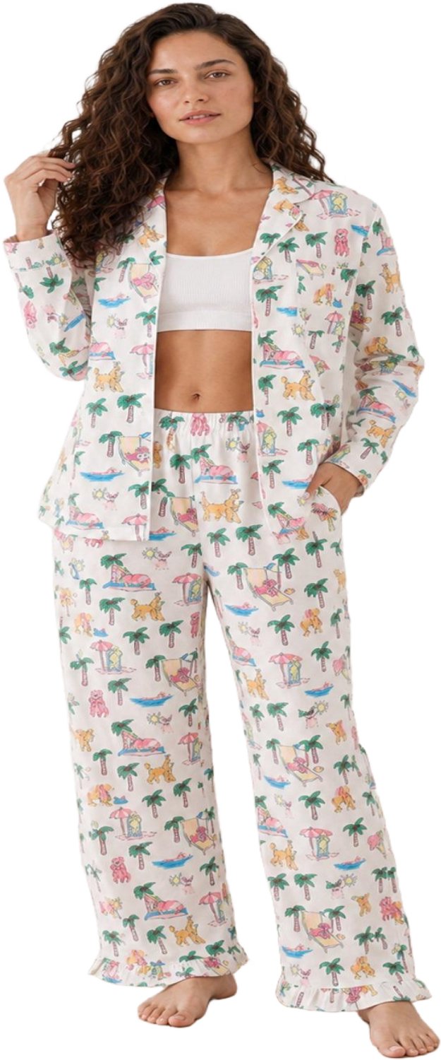Imily Bela Dames Tweedelige Pyjamaset met Bloemenprint, Reverskraag en Lange Broek wit met bloemen