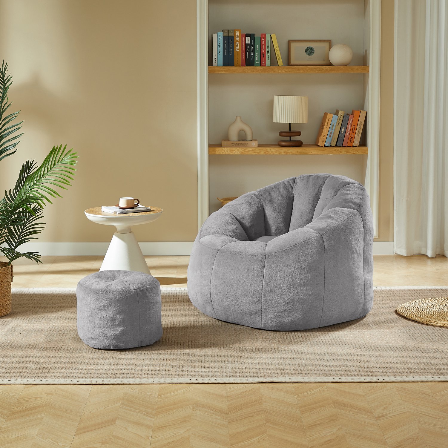 Wishdor Zitzak met voetenbank - Bloemvorm met rugleuning en armleuningen - Zachte pluche bekleding - Zonder montage - Voor woonkamer slaapkamer en balkon - Polyester - Grijs - 105 x 105 x 70 cm Lichtgrijs