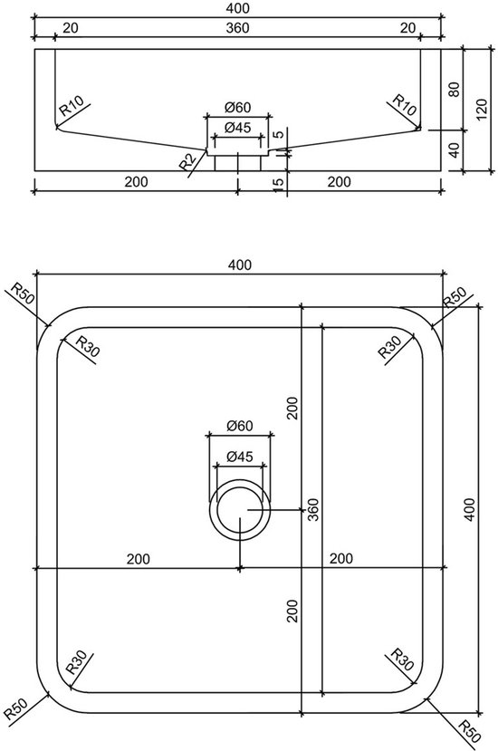 Technische tekening van de vierkante waskom met afmetingen van 40x40x12 cm en aanzichten van boven en zijkant.
