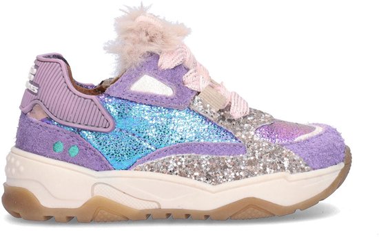 Paarse BunniesJR sneakers met glitterdetails, imitatiebont bij de tong en roze veters.