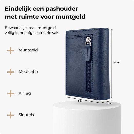 Blauwe Vylento pasjeshouder met ritsvak voor muntgeld, medicatie, AirTag of sleutels.