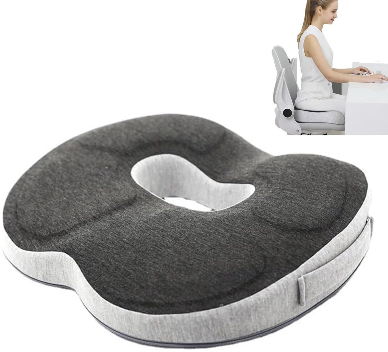 Duraxl Orthopedisch zitkussen - Donutvorm - Traagschuim - Afneembare hoes Grijs