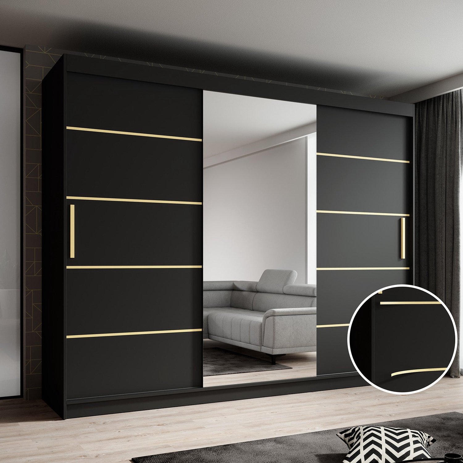 MEUBELLA Kledingkast Malavi 2 - Zwart - 250 cm - Met spiegel Goud|Zwart