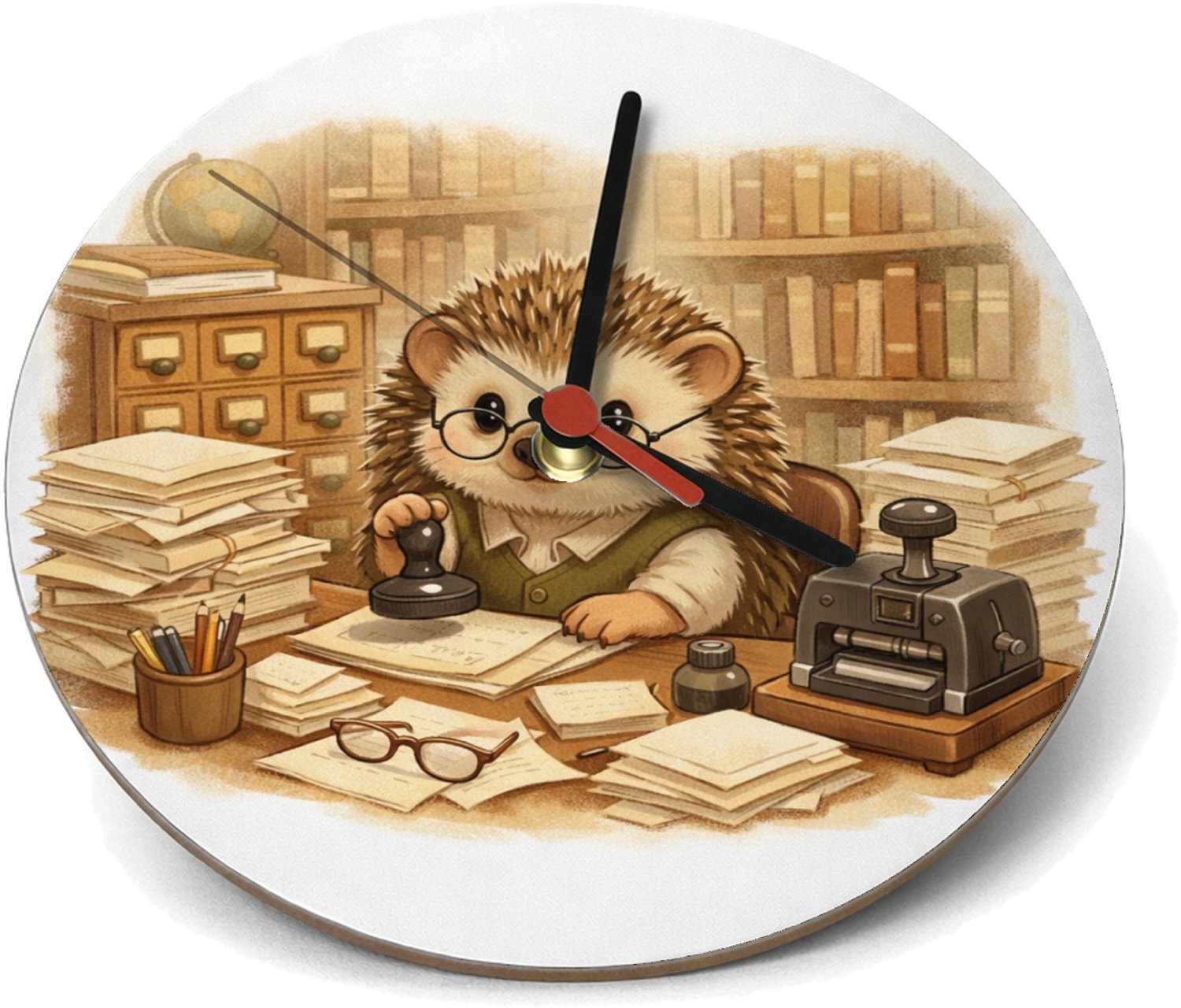 Mr Cadeautjes Klok rond Ø 19 - design Een egel als bibliothecaris tussen hoge boekenkasten, met te | cadeau Wit