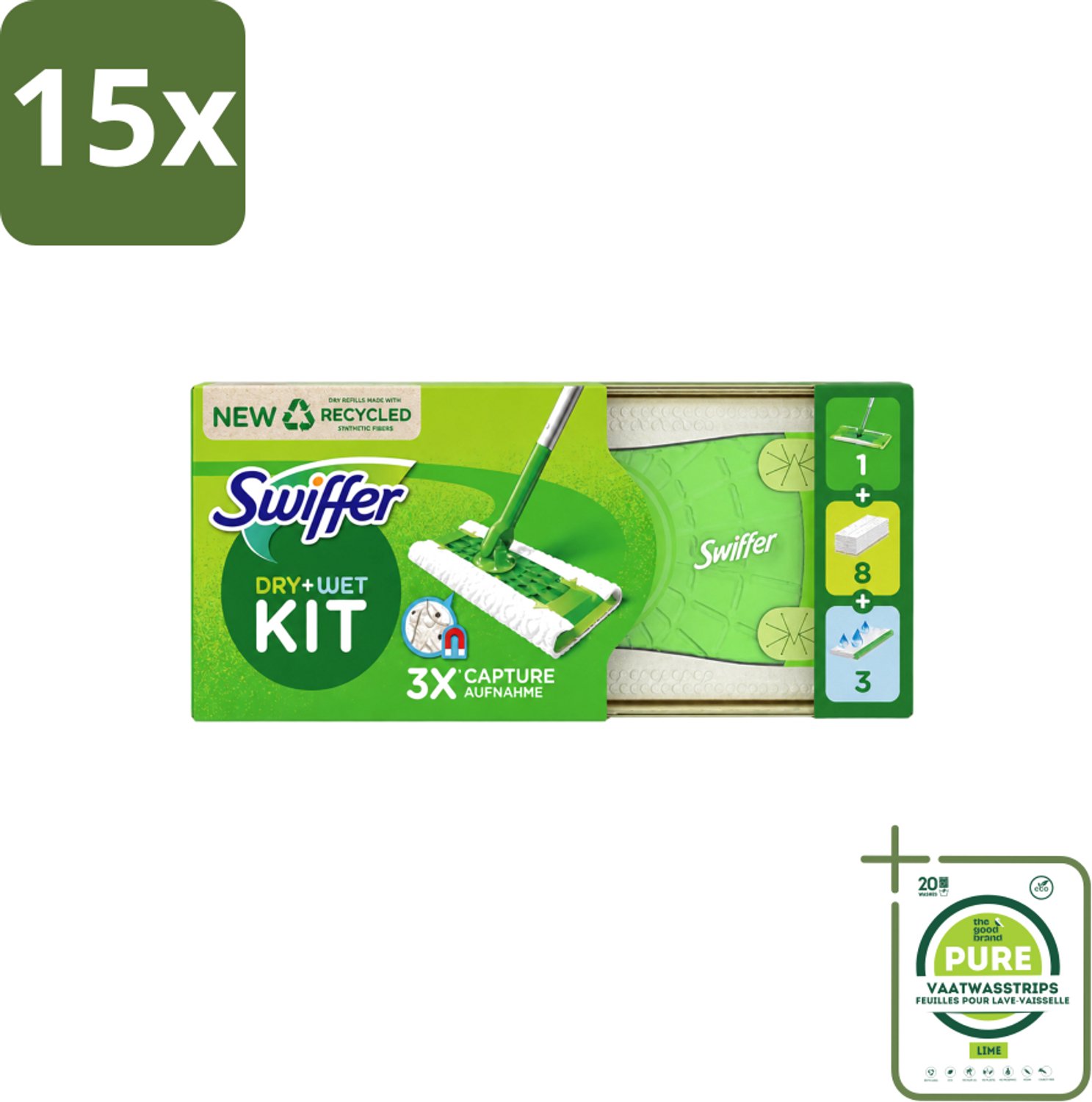 15 x Swiffer – Vloerreiniger – Starterkit – 1 dweil + 8 droge & 3 vochtige doekjes - Grootverpakking - Vaatwasstrips - Vloerreiniger - Schoonmaken - Stofzuiger - Droge Doek - Vochtige Doek