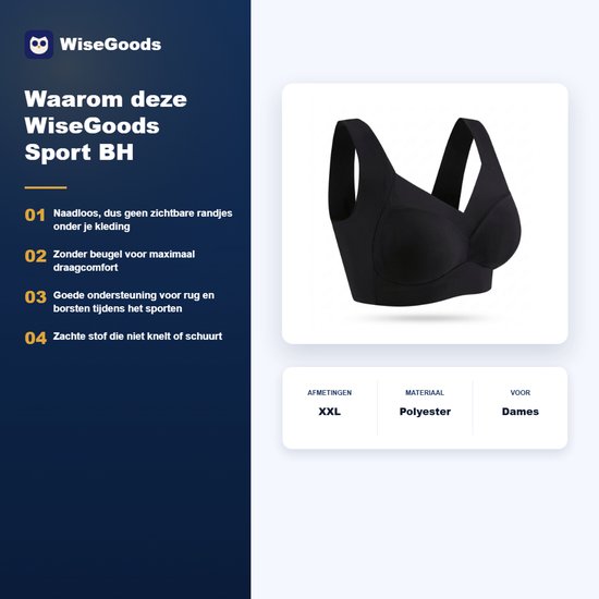 WiseGoods informatiekaart: zwarte sportbeha, voordelen zoals naadloos en ondersteunend, maat XXL, polyester.