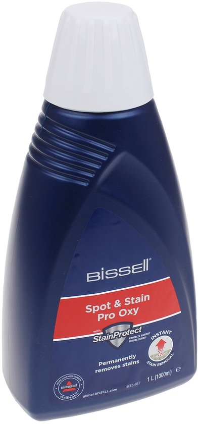 Blauwe fles Bissell Spot & Stain Pro Oxy reinigingsmiddel met witte dop, 1 liter inhoud.
