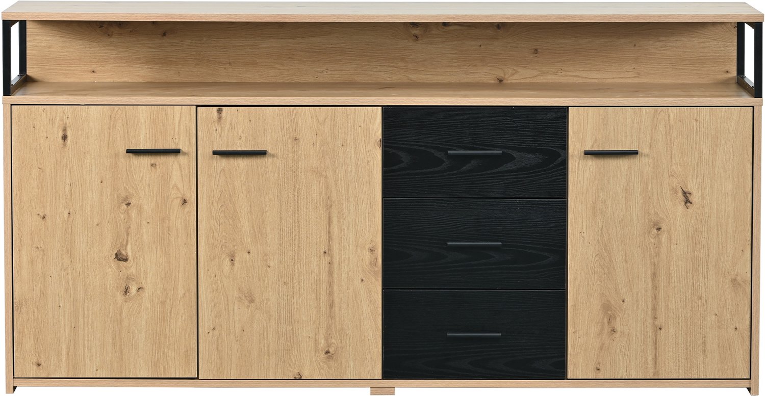 SONNENH Dressoir met 3 deuren, 3 laden en open bovenruimte - Houtlook en zwart - 150 x 35 x 75,9 cm