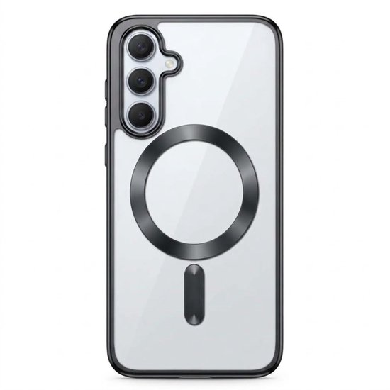 Transparant MagSafe telefoonhoesje met zwarte randen, camerabescherming en magnetische ring.