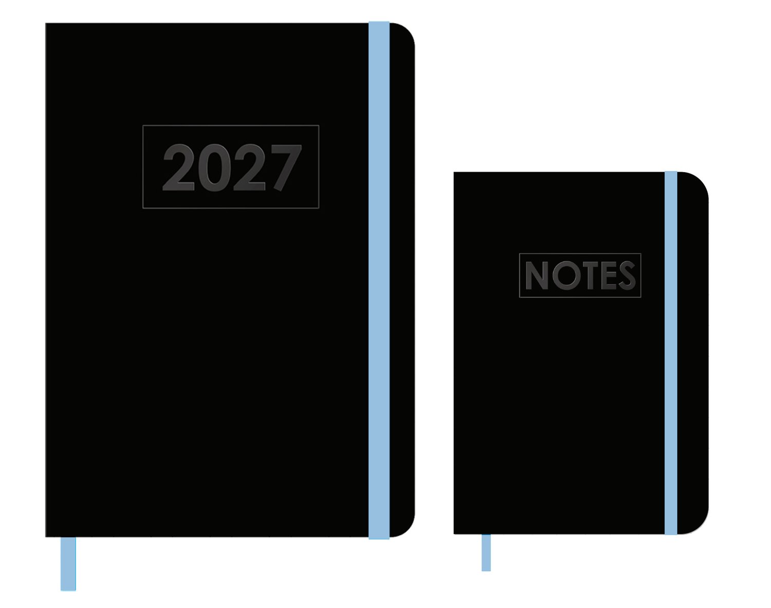 MGPcards - A5 Agenda 2027 - Weekoverzicht 1w/2p - Zwart + Blauw elastiek - 14,8 x 21 cm + Notitieboekje/opschrijfboekje - gelinieerd - 80 pagina's - A6 - Zwart