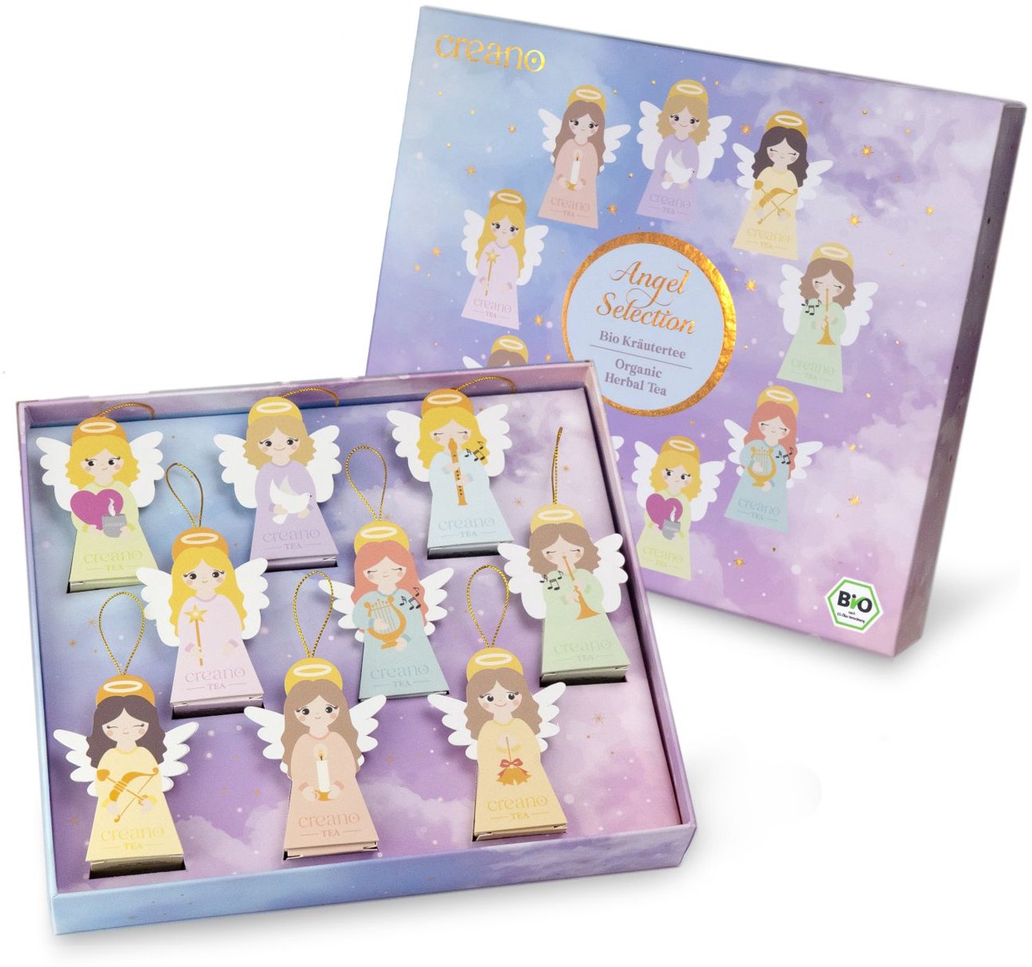 Creano Bio kruidenthee-cadeauset „Angel Selection“ – 9 piramidevormige theezakjes in engelenhangers, 9 soorten, 22,5 g – kerstcadeau & kerstboomversiering