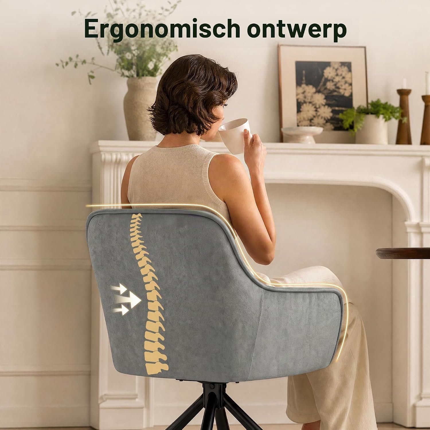 Luxe Velvet 360° Draaibare Eetkamerstoelen met Armleuningen – Set van 6 – Lichtgrijs – 57 x 56 x 80 cm