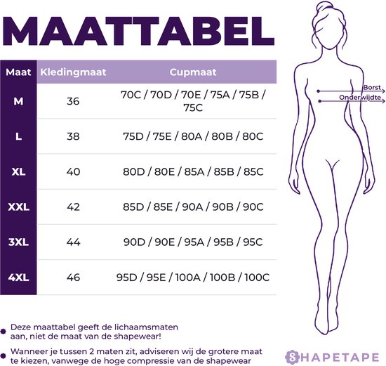 Maattabel voor Shapetape shapewear met lichaamsmaten, inclusief kleding- en cupmaten.