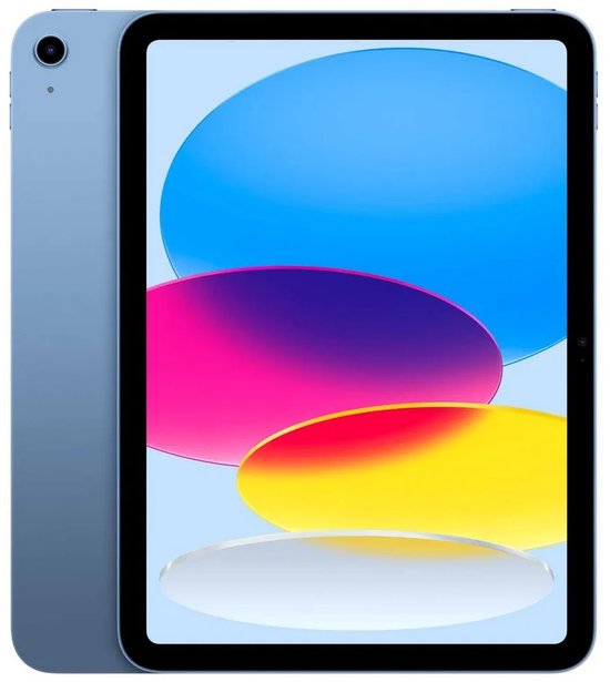 iPad bleu avec des cercles colorés sur l'écran.