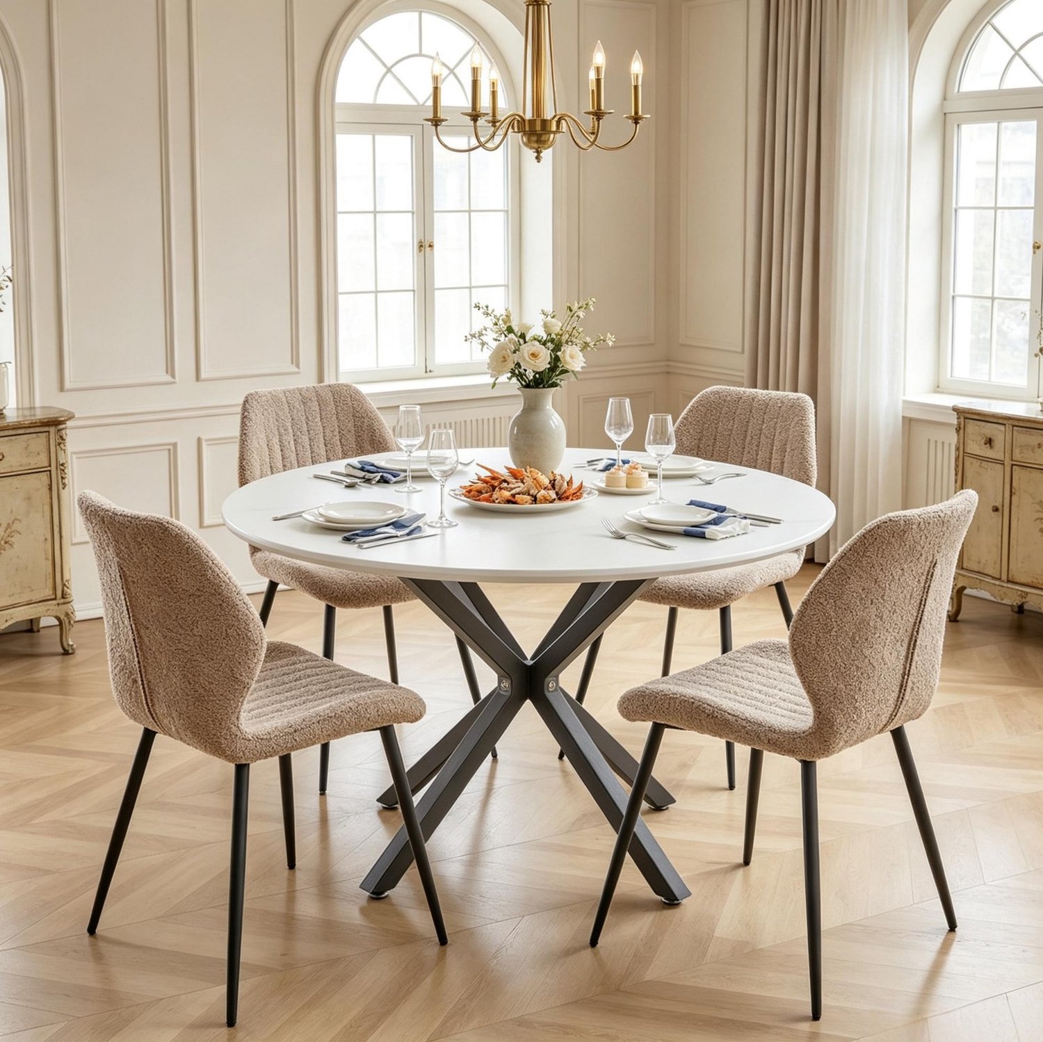 DESMIU Eetkamerstoel 48 x 42 x 86 cm - Set van 4 - Gestoffeerde Zitting en Rugleuning - Voor Eetkamer en Keuken - Linnen en Metaal - Bruin