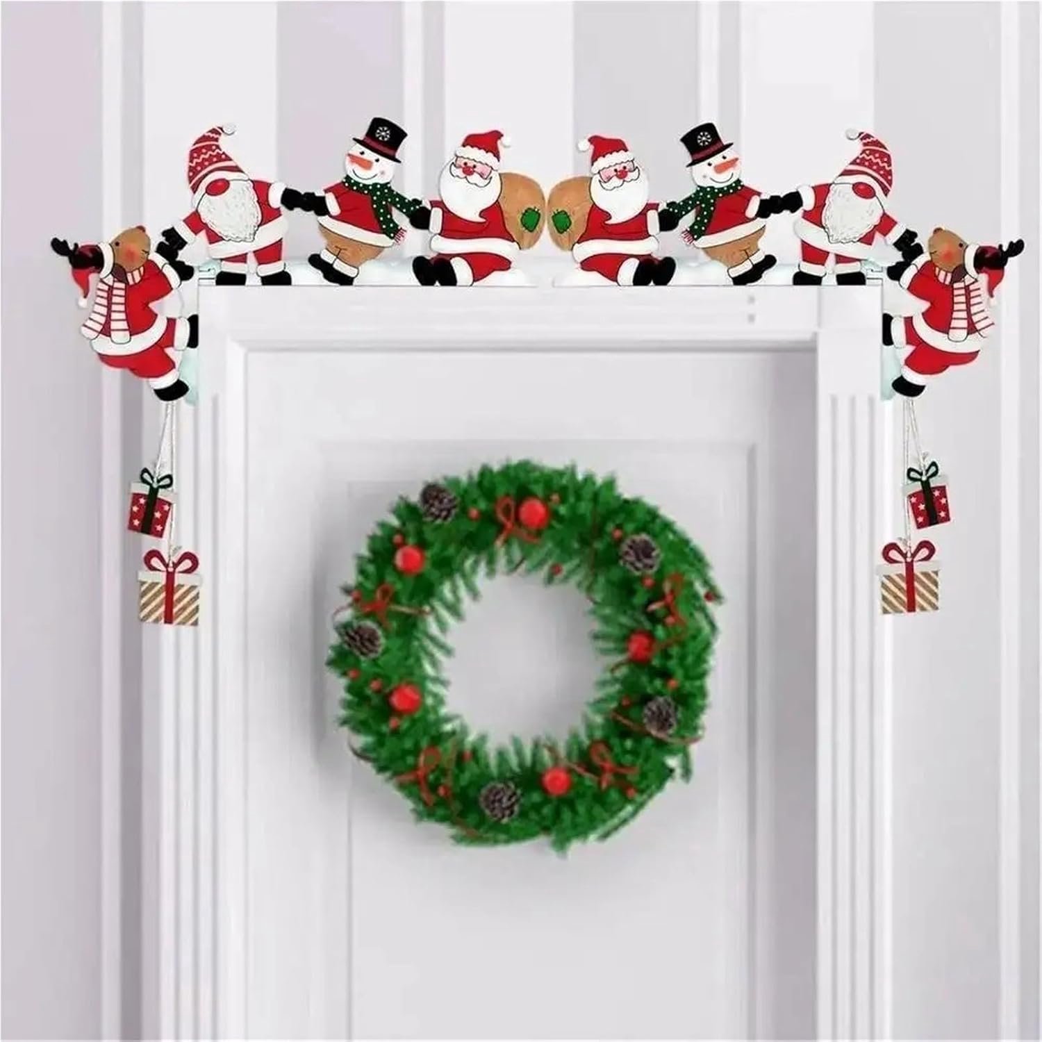 Houten kerst deurhoek decoratie set met kerstman - linker en rechter deurhoek - feestelijke kerstdecoratie voor thuis en feesten