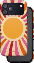 Telefoonhoesje met retro zonnepatroon in beige, roze en oranje tinten, inclusief zwarte rand.