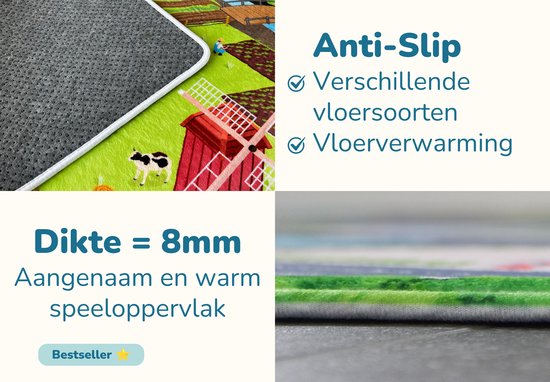Close-up van de antislip-onderkant en de 8mm dikte van de boerderijspeelmat.