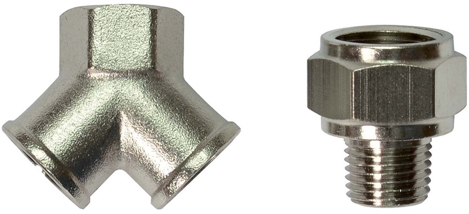Stanley Verloopnippel 3-weg - 2 x 1/4 Inch Female - 3/8 Inch Female - 1/4 Inch Female - Compressoraccessoire - Koppelstuk voor Meerdere Aansluitmaten - Gewicht 73 Gram - Per Stuk in Blister