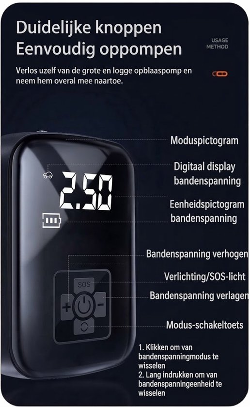 Draadloze Bandenpomp - Elektrische Luchtcompressor - Autobandenpomp - 150 PSI - Oplaadbaar - Digitale Luchtpomp - LED Licht - Auto - Motor - Fiets - Bal — afbeelding 4