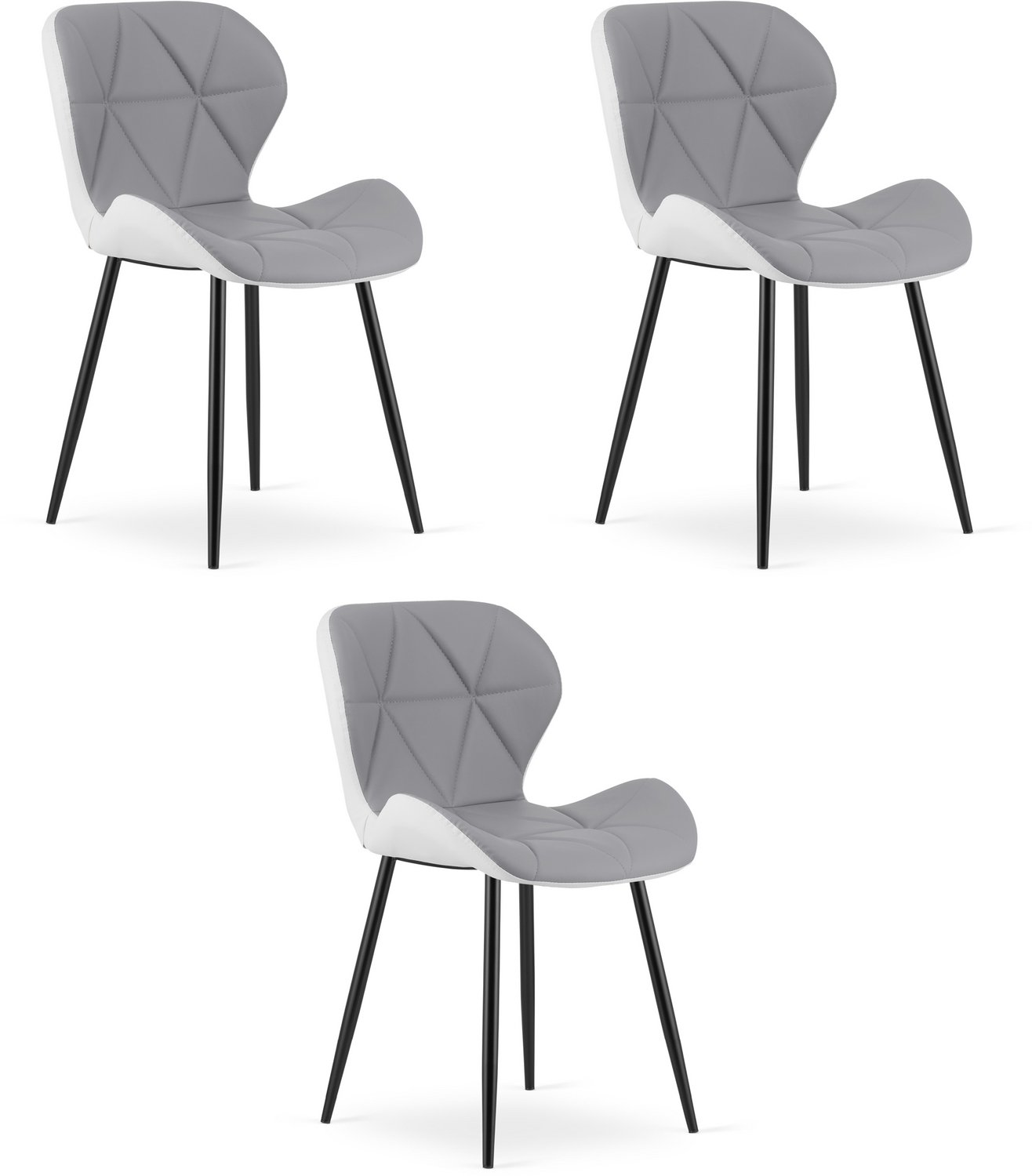 Oskar MANGO Eetkamerstoelen – Set van 3 – Grijs/Wit Kunstleer – Zwarte Metalen Poten – Comfortabele Gestoffeerde Zitting – Modern Design – Voor Woonkamer, Keuken en Eetkamer – Max. 110 kg per Stoel