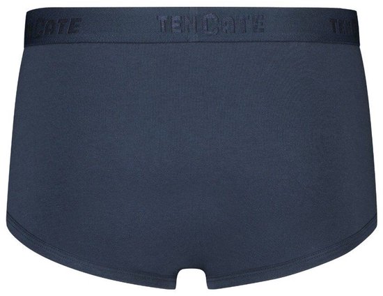 Donkerblauwe Ten Cate slip van stretchkatoen, achterzijde met donkere elastische tailleband en Ten Cate logo.