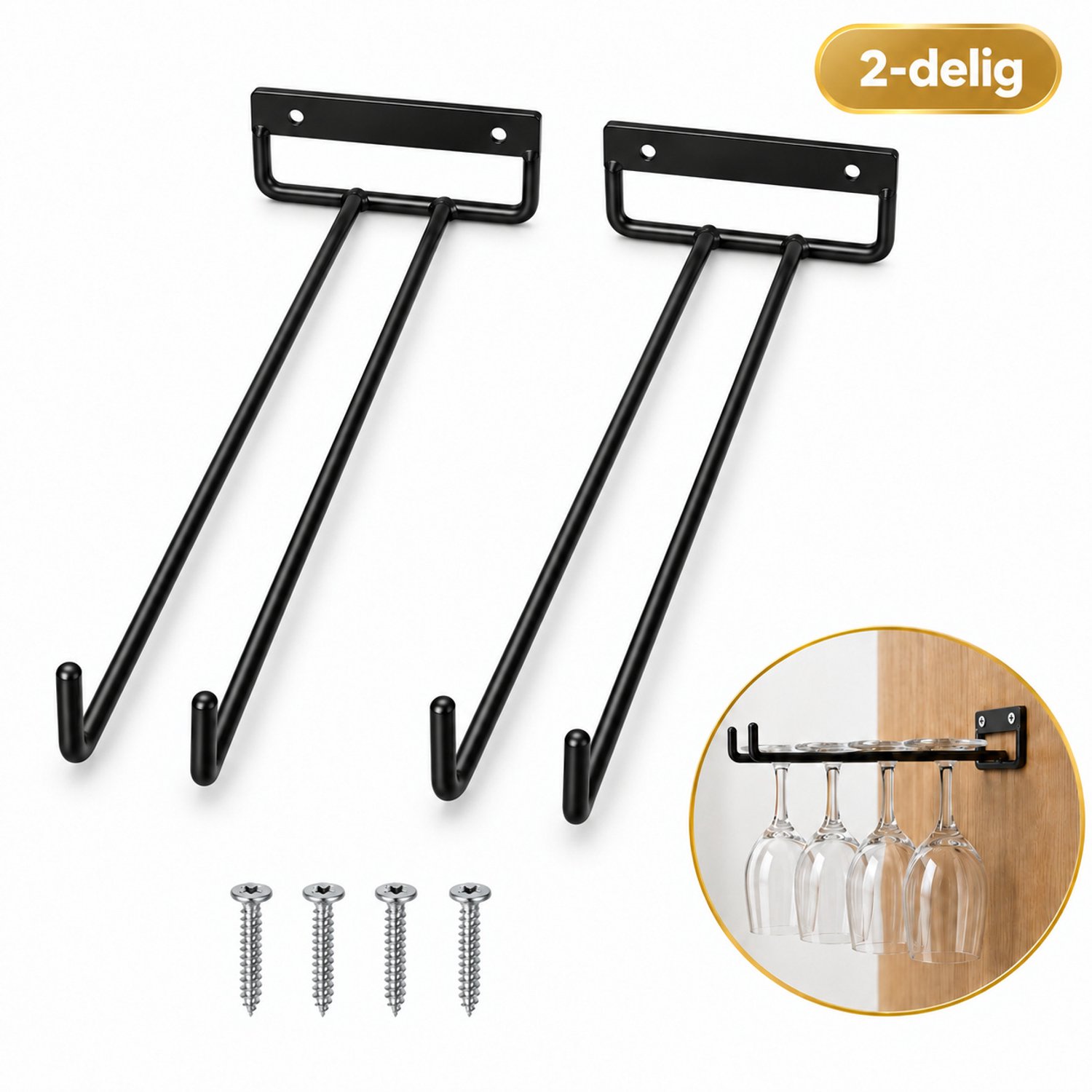 DIVERZA Wijnglazenhouder Wand – Set van 2 – Ophangrek voor 8 Wijnglazen (4 per Rek) – Wijnglazenrek Hangend – Zwart Metaal – 30 × 10 × 4 cm