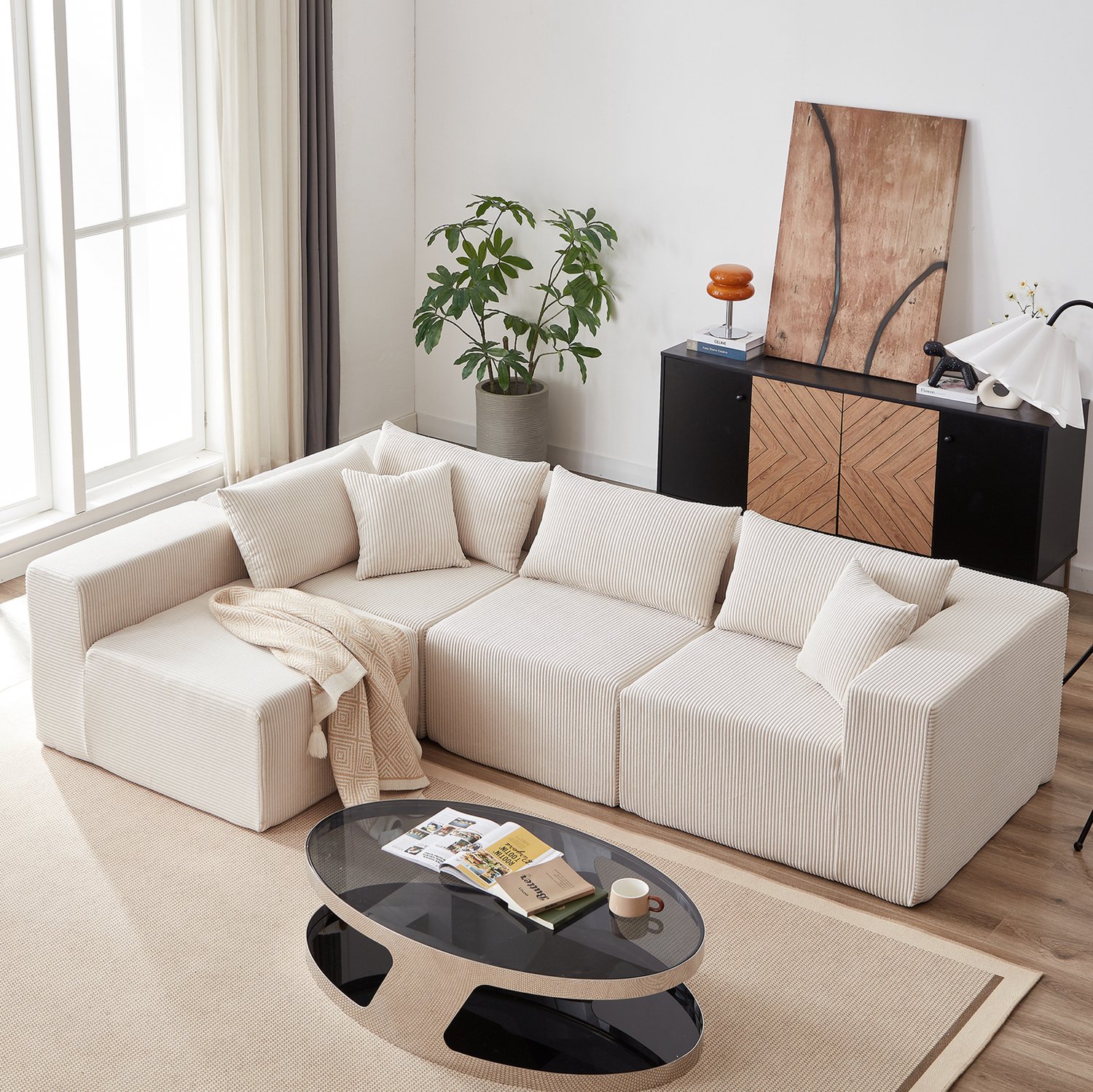 MODENUIT Hoekbank - Modulaire L-Vorm Met 4 Zitplaatsen - Woonkamer - Ribfluweel - Beige - 264x167x71 Cm