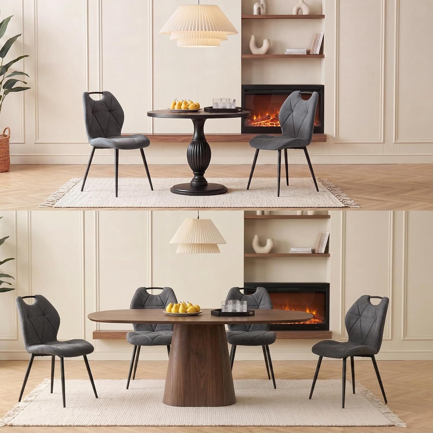 Luxe Eetkamerstoelen Comfort Set van 6 – Gestoffeerde Eetkamerstoelen met Armleuningen, Donkergrijs Linnen, Zachte Foam Zitting, Metalen Poten