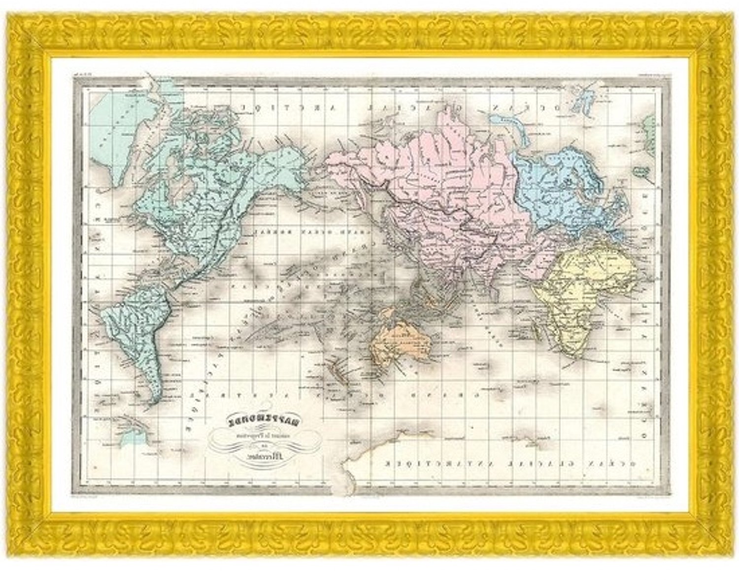 Wereldkaartposter - Wereldkaart met lijst - Wanddecoratie - Massief houten frame - 50 x 70 cm - Geel