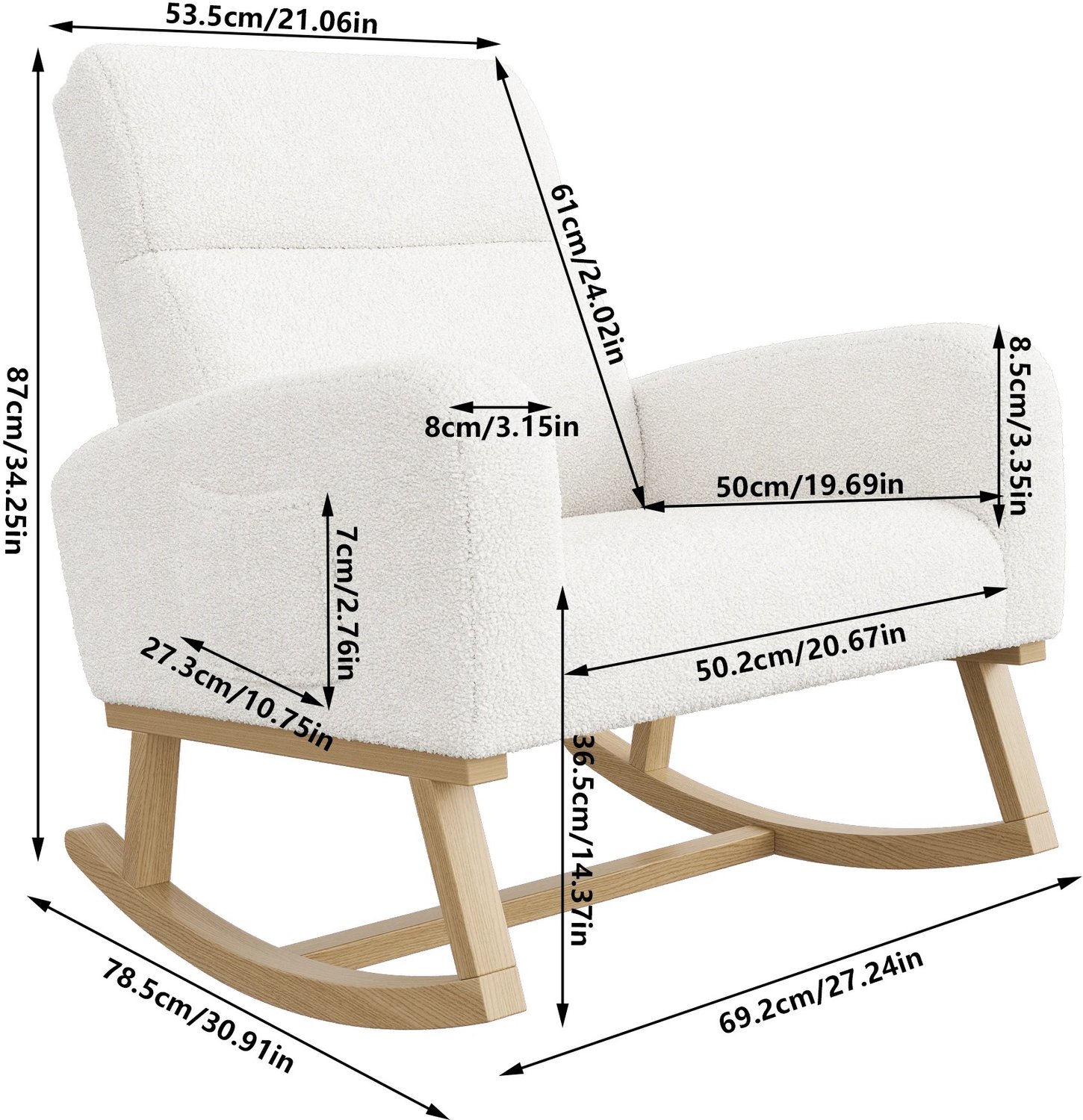 Niamora Schommelstoel - Wiegstoel - Rocking chair - Lounge schommelstoel - Met zijzakken - Massief houten onderstel - Wit